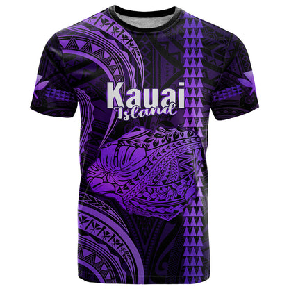 Personalised Hawaiian Islands T-Shirt Kauai Map Purple Kanaka With Kakau Graphic Tee