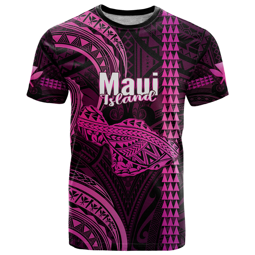 Personalised Hawaiian Islands T-Shirt Maui Map Pink Kanaka With Kakau Graphic Tee