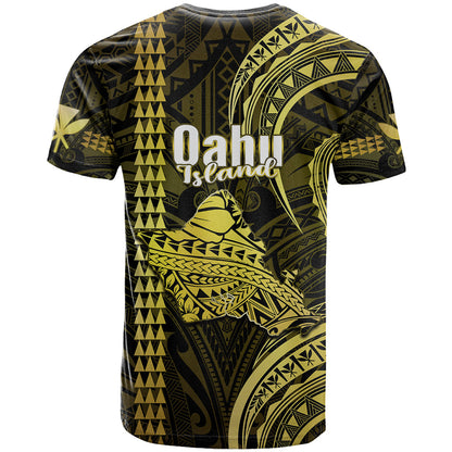 Polynesian Hawaiian Islands T-Shirt Oahu Map Yellow Kanaka With Kakau Graphic Tee