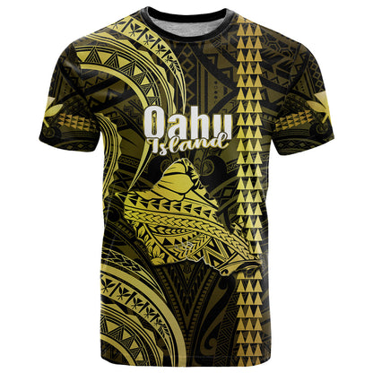 Personalised Hawaiian Islands T-Shirt Oahu Map Yellow Kanaka With Kakau Graphic Tee