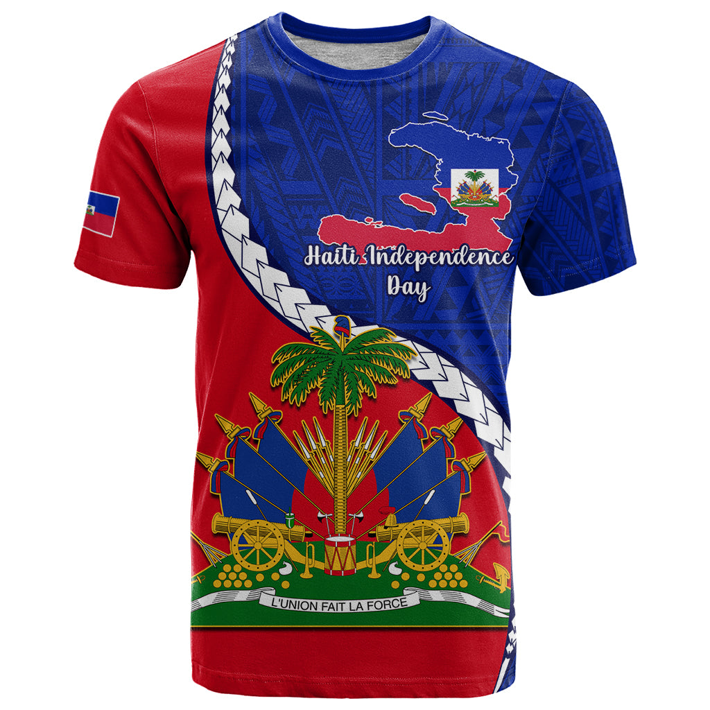 Personalised Haiti Independence Day T-Shirt Ayiti National Emblem With Polynesian Pattern Graphic Tee
