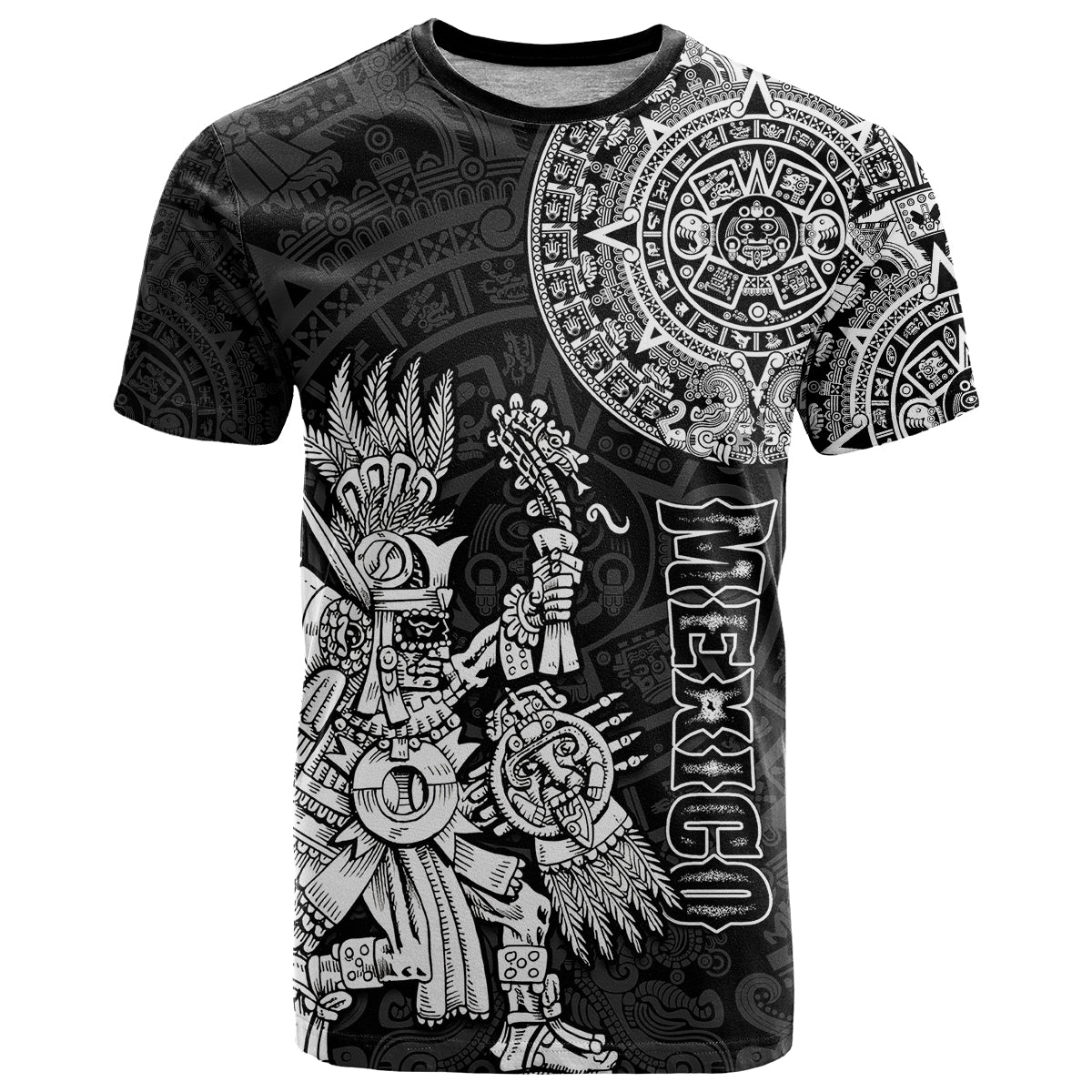 Custom Mexico Aztec T-Shirt El Calendario Maya Mix Huitzilopochtli Black Graphic Tee