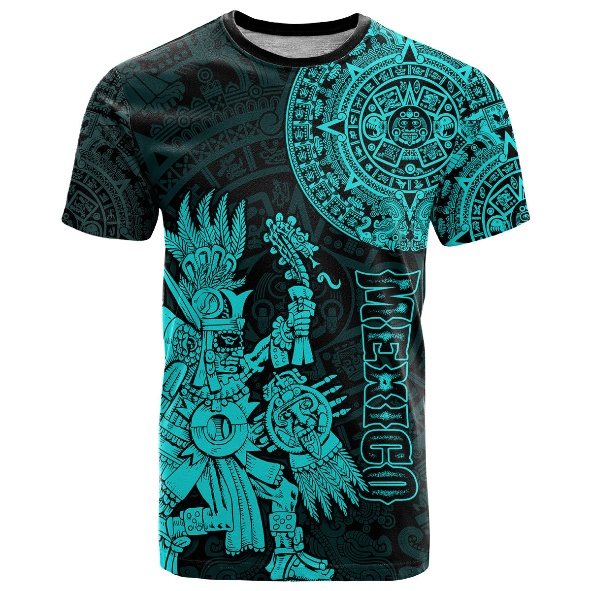 Custom Mexico Aztec T-Shirt El Calendario Maya Mix Huitzilopochtli Turquoise Graphic Tee