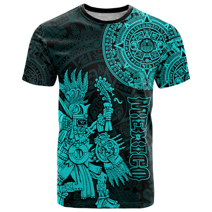 Custom Mexico Aztec T-Shirt El Calendario Maya Mix Huitzilopochtli Turquoise Graphic Tee