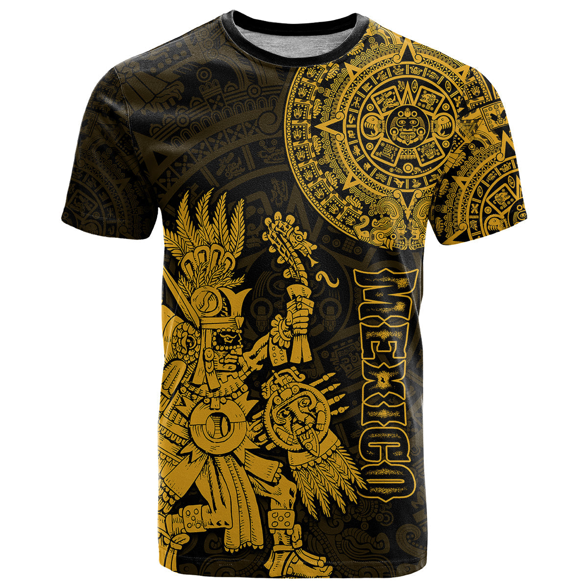 Custom Mexico Aztec T-Shirt El Calendario Maya Mix Huitzilopochtli Gold Graphic Tee