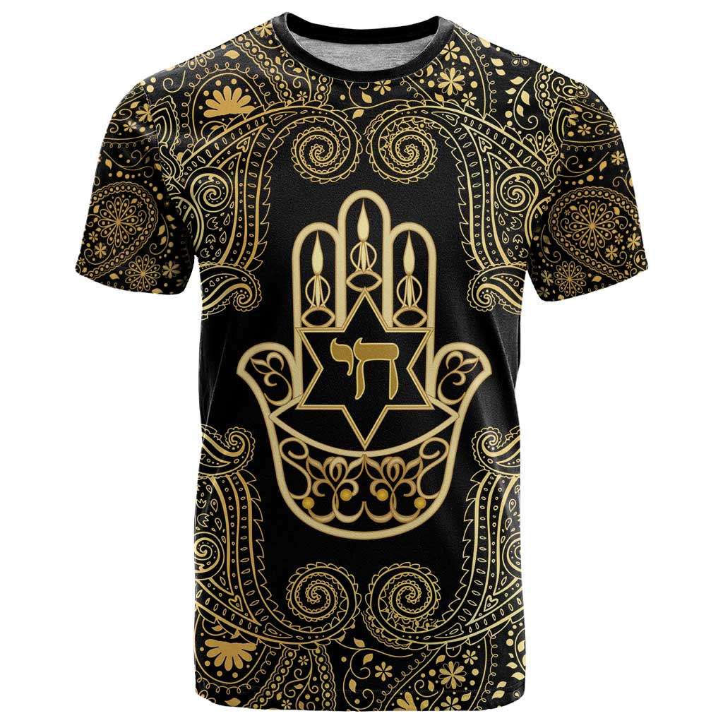 Jewish Hamsa Chai T-Shirt Gold Paisley Pattern Graphic Tee
