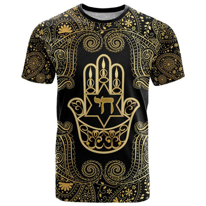 Jewish Hamsa Chai T-Shirt Gold Paisley Pattern Graphic Tee