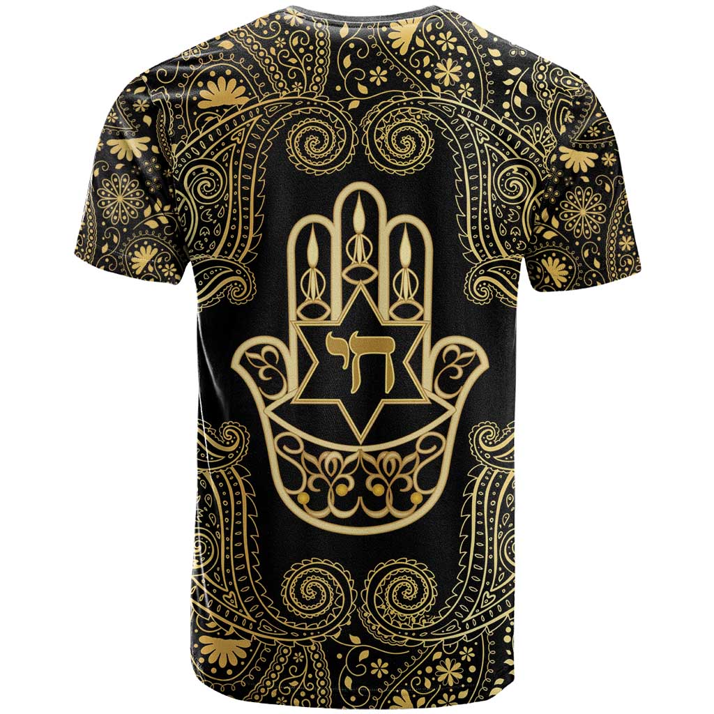 Jewish Hamsa Chai T-Shirt Gold Paisley Pattern Graphic Tee