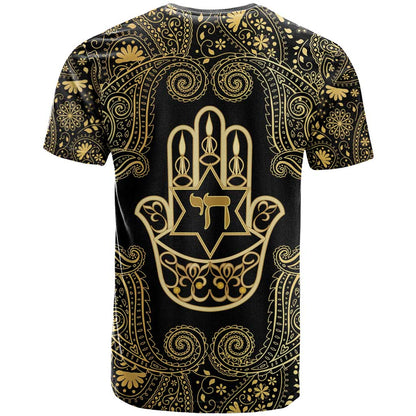 Jewish Hamsa Chai T-Shirt Gold Paisley Pattern Graphic Tee