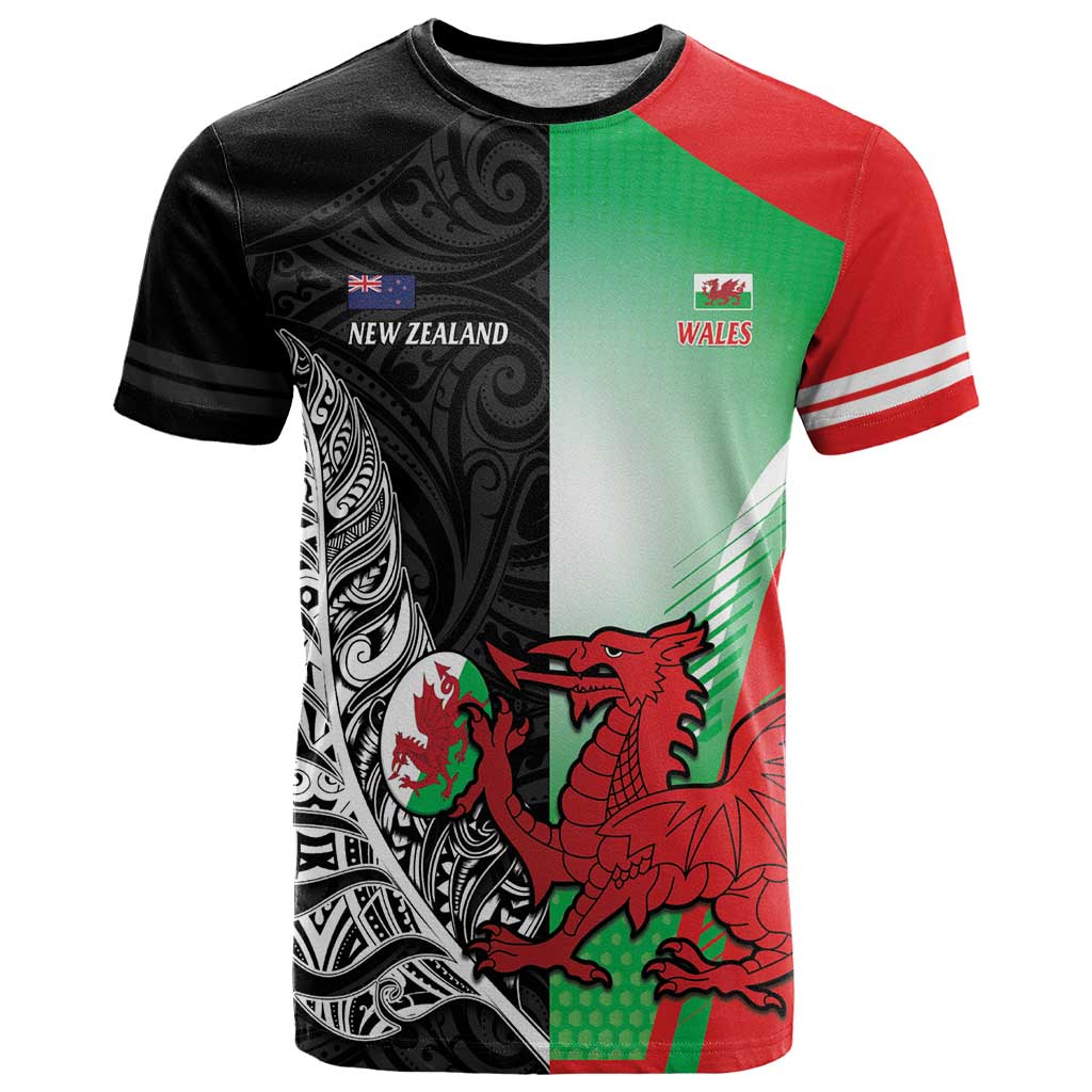 New Zealand and Wales Rugby Custom T-Shirt Aotearoa All Black Combine Welsh Dragon Graphic Tee