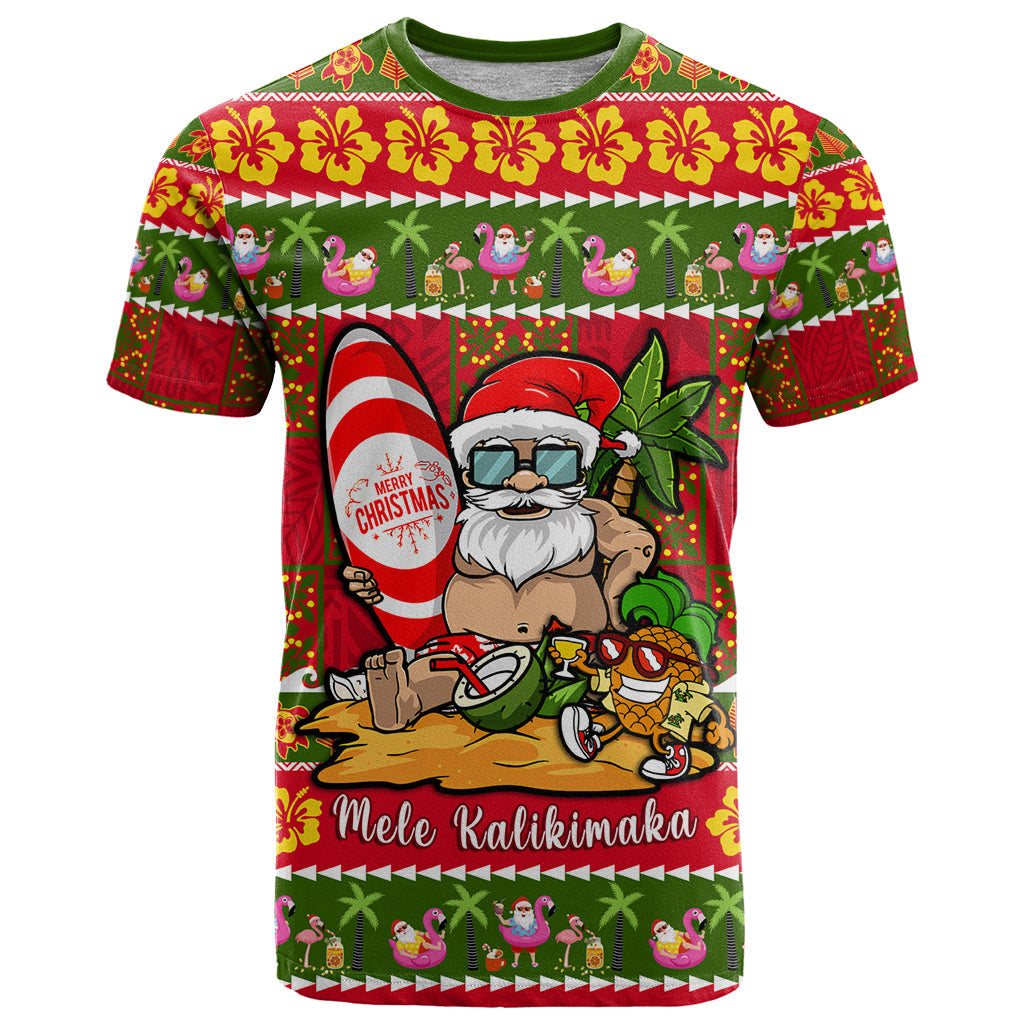 Personalised Hawaii Surfing Santa Christmas T-Shirt Tropical Pineapple Mele Kalikimaka Quilt Pattern Graphic Tee