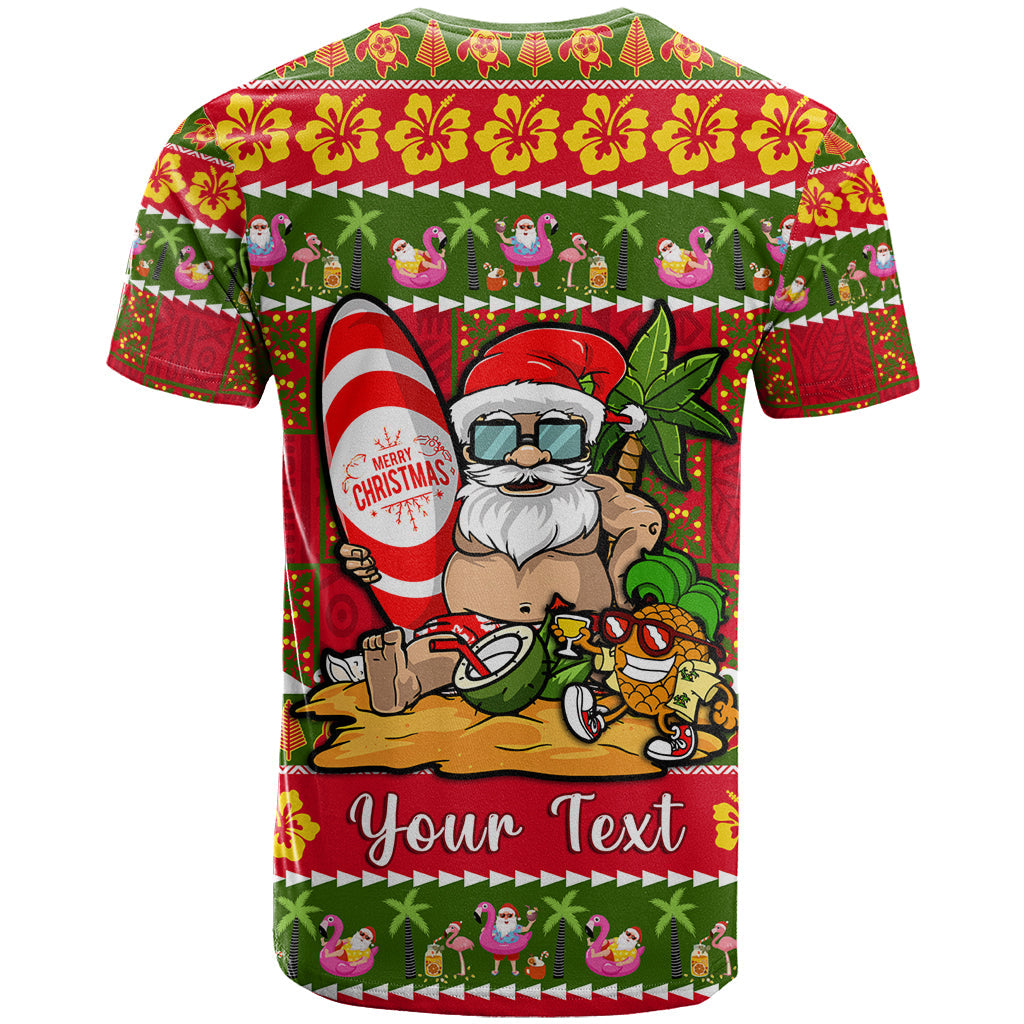Personalised Hawaii Surfing Santa Christmas T-Shirt Tropical Pineapple Mele Kalikimaka Quilt Pattern Graphic Tee