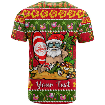 Personalised Hawaii Surfing Santa Christmas T-Shirt Tropical Pineapple Mele Kalikimaka Quilt Pattern Graphic Tee