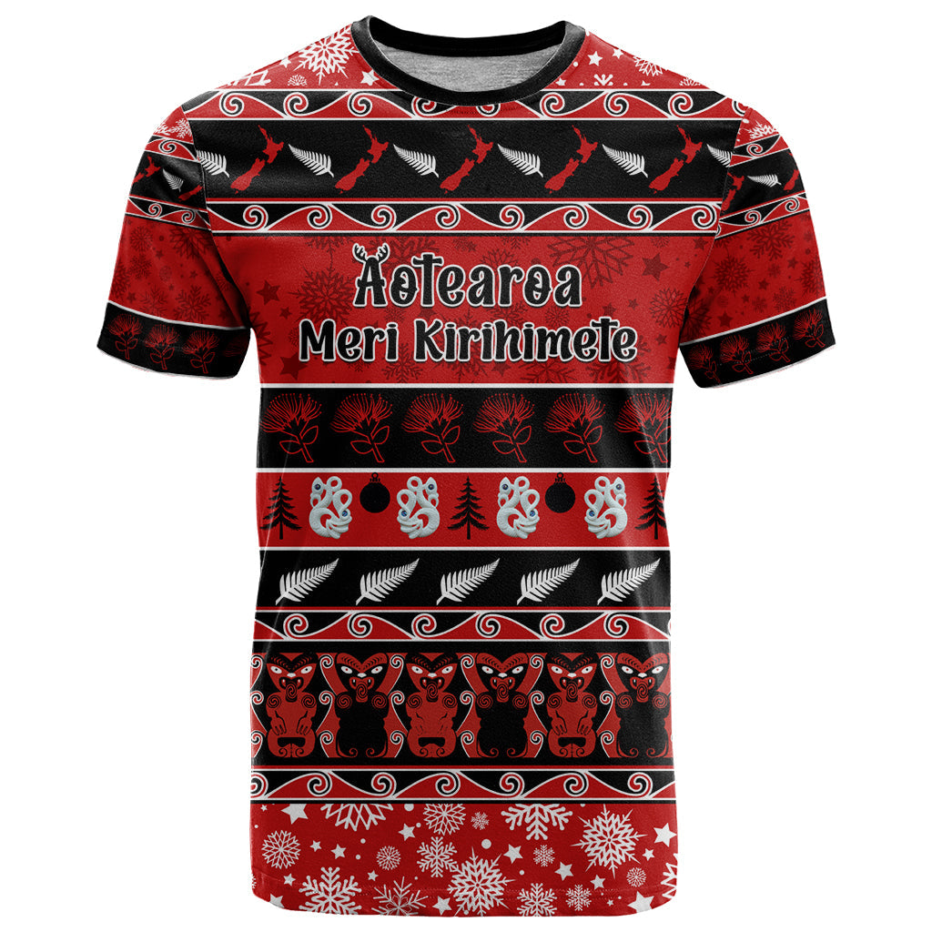 Personalised New Zealand Christmas T-Shirt Aotearoa Kiwi Meri Kirihimete Red Version Graphic Tee