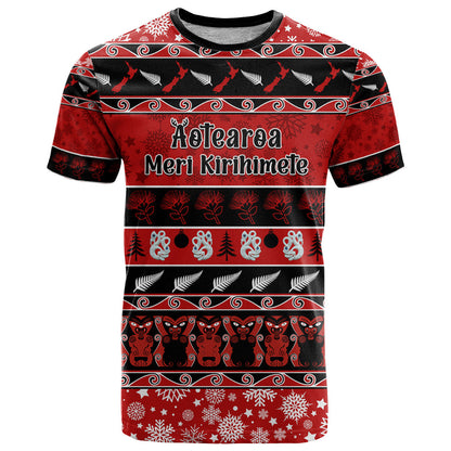 Personalised New Zealand Christmas T-Shirt Aotearoa Kiwi Meri Kirihimete Red Version Graphic Tee