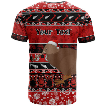 Personalised New Zealand Christmas T-Shirt Aotearoa Kiwi Meri Kirihimete Red Version Graphic Tee