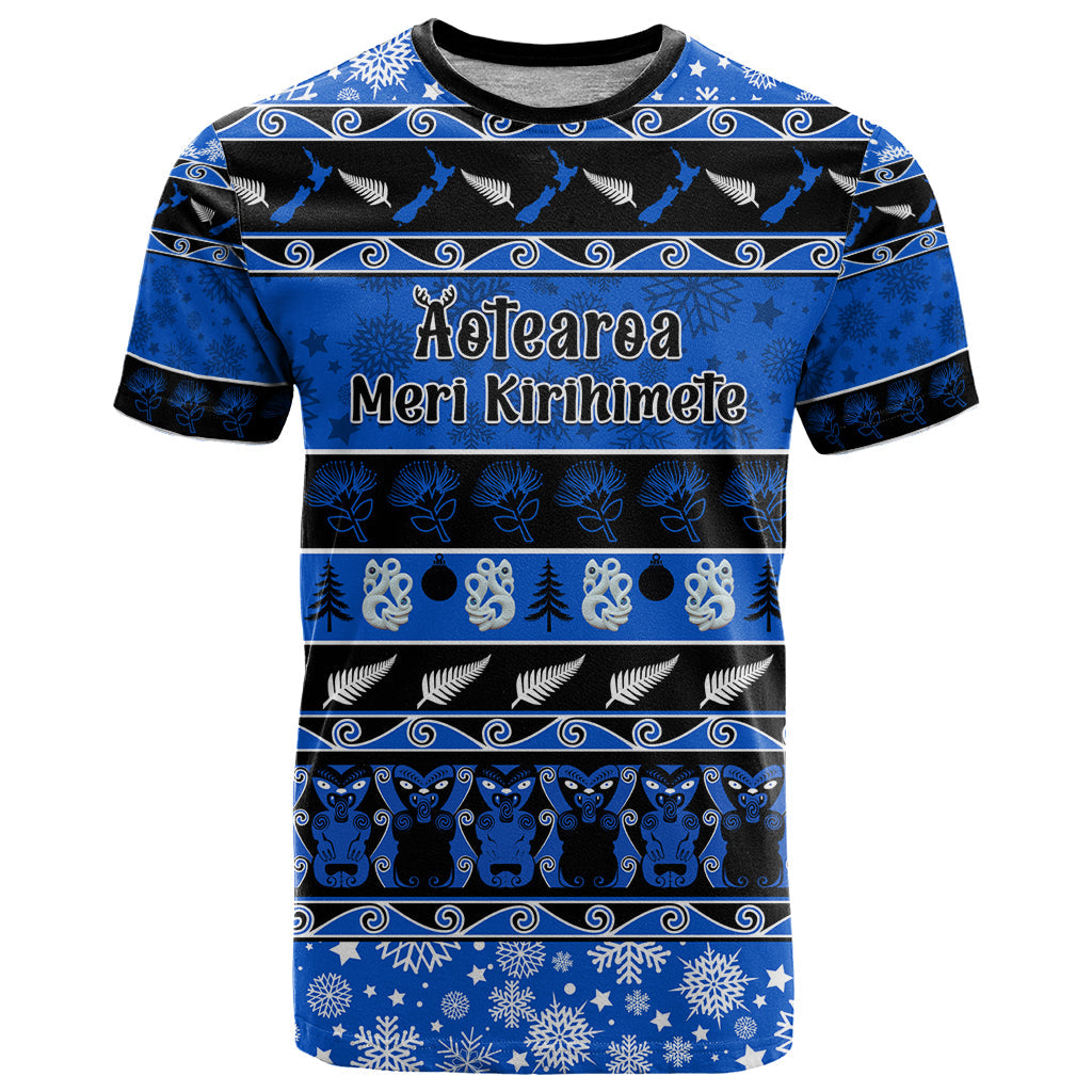 Personalised New Zealand Christmas T-Shirt Aotearoa Kiwi Meri Kirihimete Blue Version Graphic Tee