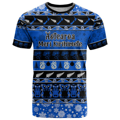 Personalised New Zealand Christmas T-Shirt Aotearoa Kiwi Meri Kirihimete Blue Version Graphic Tee