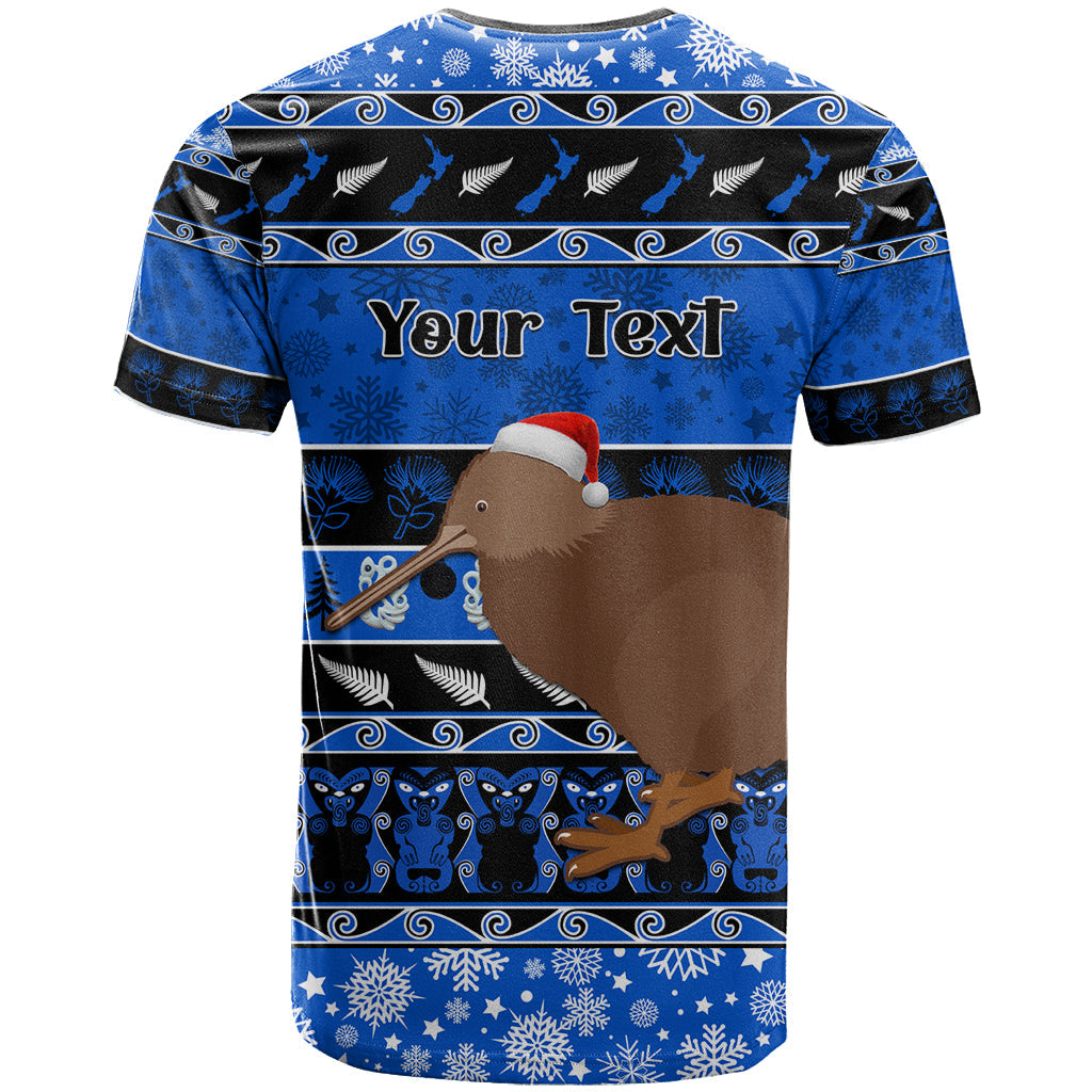 Personalised New Zealand Christmas T-Shirt Aotearoa Kiwi Meri Kirihimete Blue Version Graphic Tee
