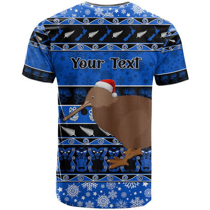 Personalised New Zealand Christmas T-Shirt Aotearoa Kiwi Meri Kirihimete Blue Version Graphic Tee