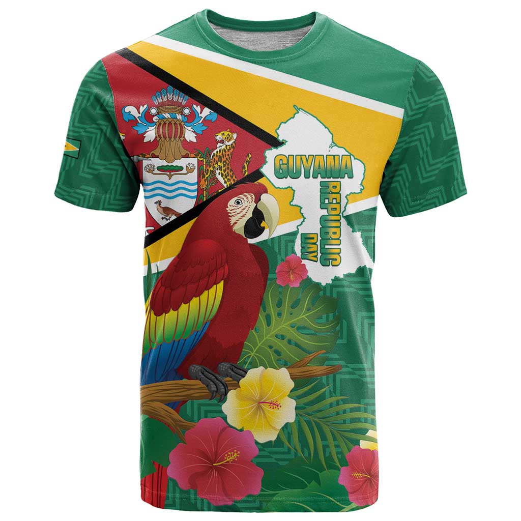 Guyana Republic Day T-Shirt Scarlet Macaw With Map Tropical Style Graphic Tee