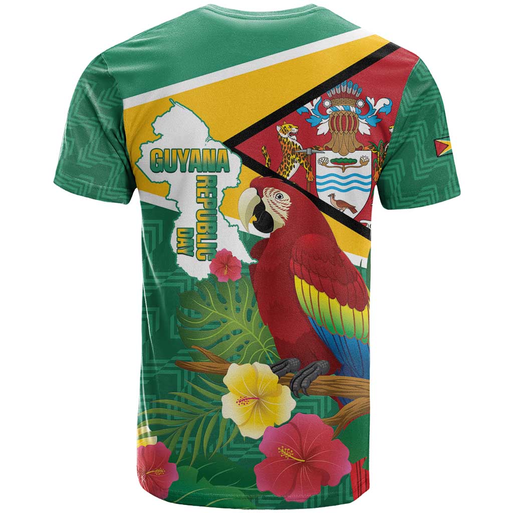 Guyana Republic Day T-Shirt Scarlet Macaw With Map Tropical Style Graphic Tee