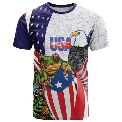 United States Puerto Rico T-Shirt USA Curve Flag With Coqui Drum Graphic Tee