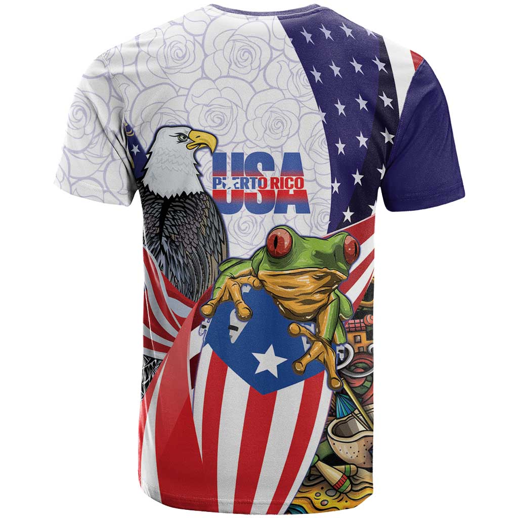 United States Puerto Rico T-Shirt USA Curve Flag With Coqui Drum Graphic Tee
