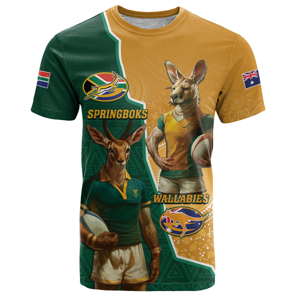 Personalised South Africa And Australia Rugby T-Shirt 2024 Springboks Wallabies Mascots Together Graphic Tee