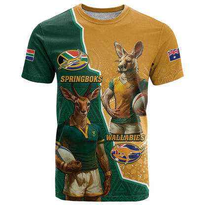 Personalised South Africa And Australia Rugby T-Shirt 2024 Springboks Wallabies Mascots Together Graphic Tee