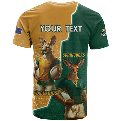 Personalised South Africa And Australia Rugby T-Shirt 2024 Springboks Wallabies Mascots Together Graphic Tee