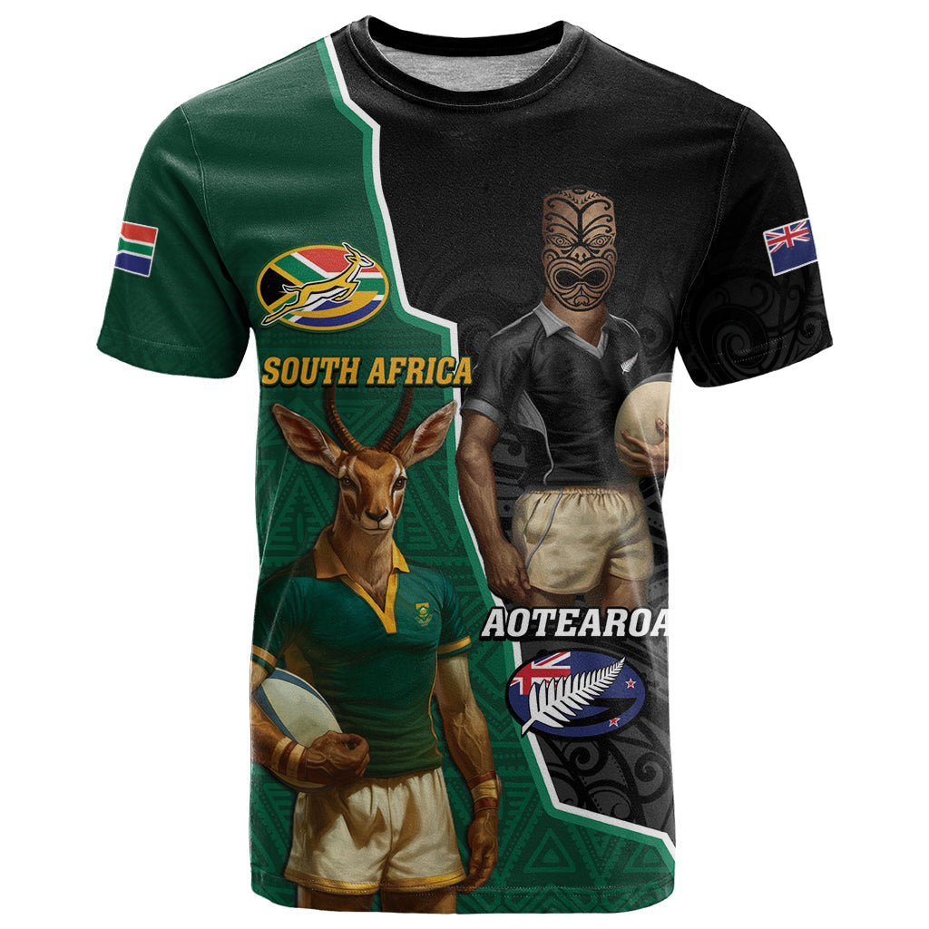 Personalised New Zealand And South Africa Rugby T-Shirt 2024 All Black Springboks Mascots Together Graphic Tee