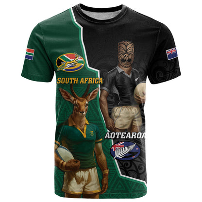 Personalised New Zealand And South Africa Rugby T-Shirt 2024 All Black Springboks Mascots Together Graphic Tee
