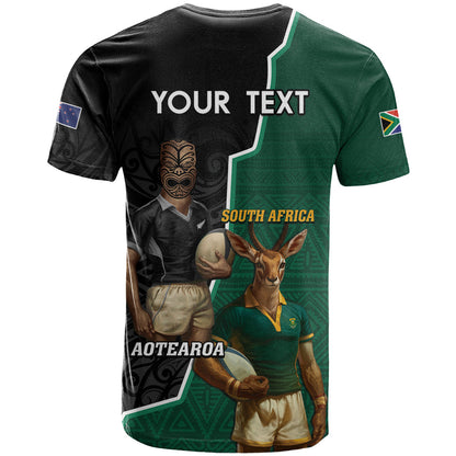 Personalised New Zealand And South Africa Rugby T-Shirt 2024 All Black Springboks Mascots Together Graphic Tee