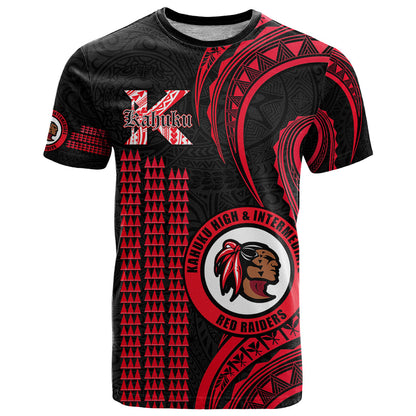 Personalised Hawaii Kahuku High And Intermediate School T-Shirt Red Raiders Kakau Pattern Graphic Tee