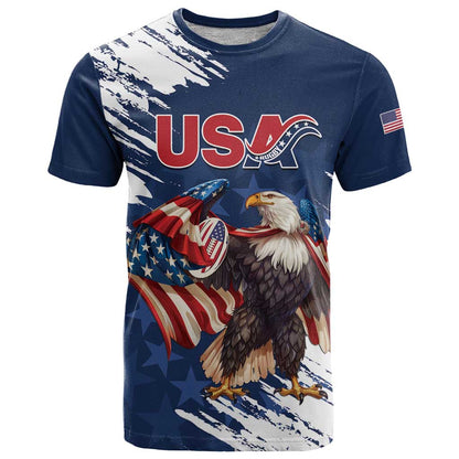 Custom USA Rugby T-Shirt Powerful Eagle Grunge Brush Style - Blue Graphic Tee