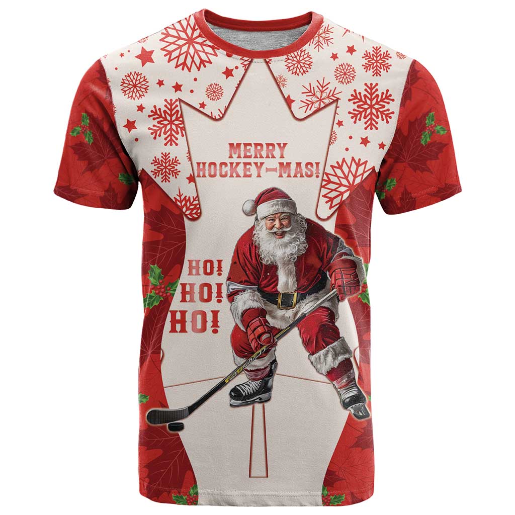 Christmas Canada Hockey T-Shirt Merry Hockey-Mas Maple Leaves Pattern Graphic Tee