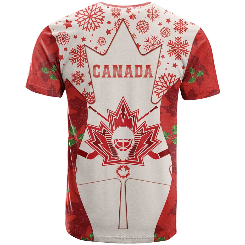 Christmas Canada Hockey T-Shirt Merry Hockey-Mas Maple Leaves Pattern Graphic Tee