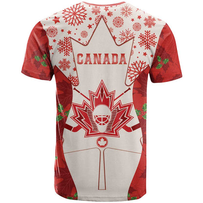 Christmas Canada Hockey T-Shirt Merry Hockey-Mas Maple Leaves Pattern Graphic Tee