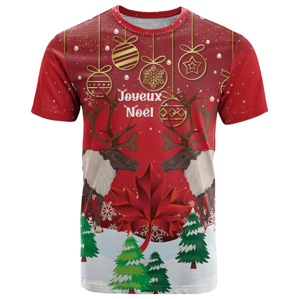 Christmas Canada T-Shirt Joyeux Noel - Caribou With Maple Leaf Graphic Tee
