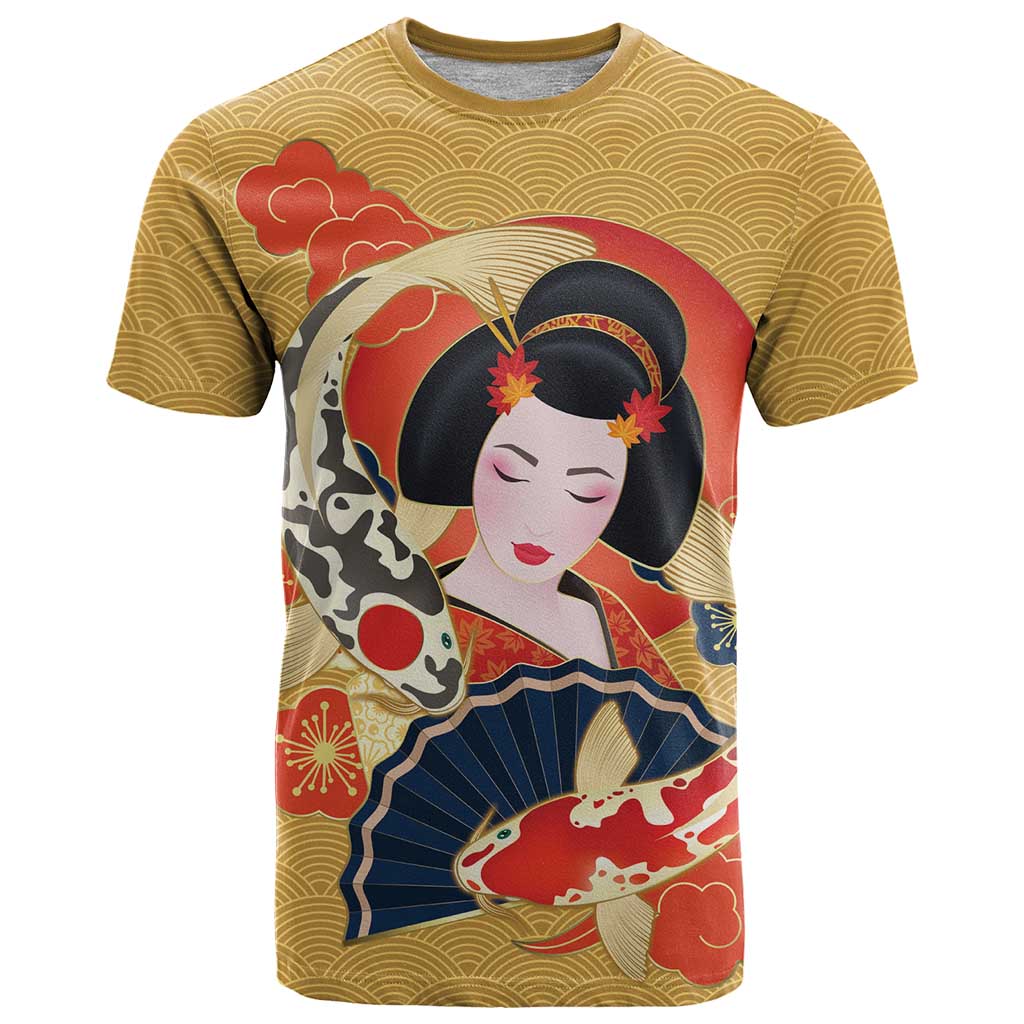 Japanese Geisha Koi Fish T-Shirt Cherry Blossoms Yellow Seigaiha Pattern Graphic Tee