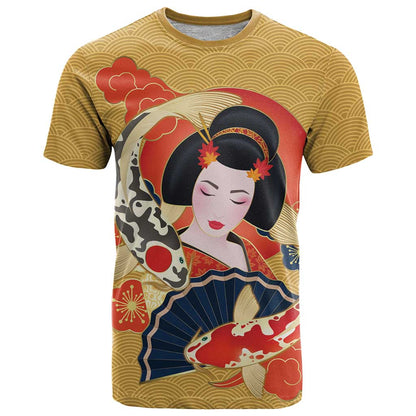 Japanese Geisha Koi Fish T-Shirt Cherry Blossoms Yellow Seigaiha Pattern Graphic Tee