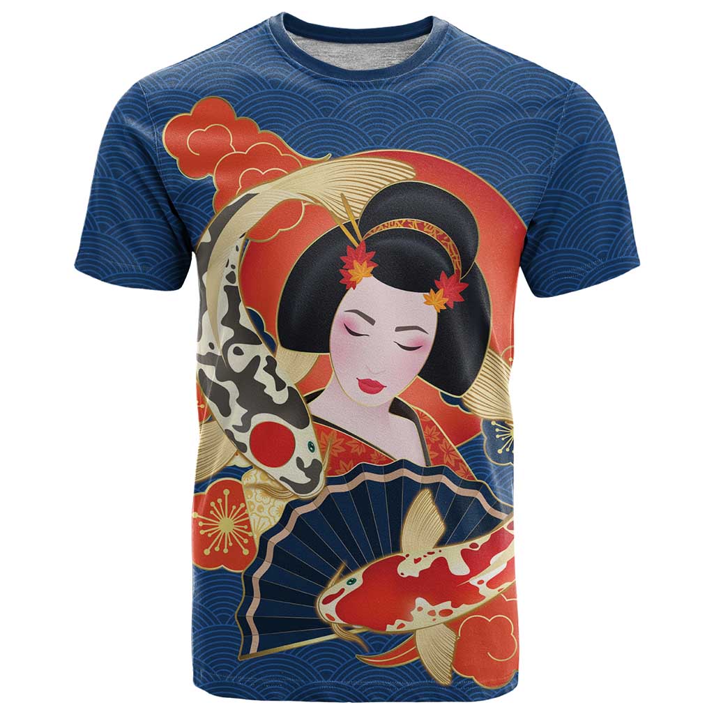 Japanese Geisha Koi Fish T-Shirt Cherry Blossoms Blue Seigaiha Pattern Graphic Tee