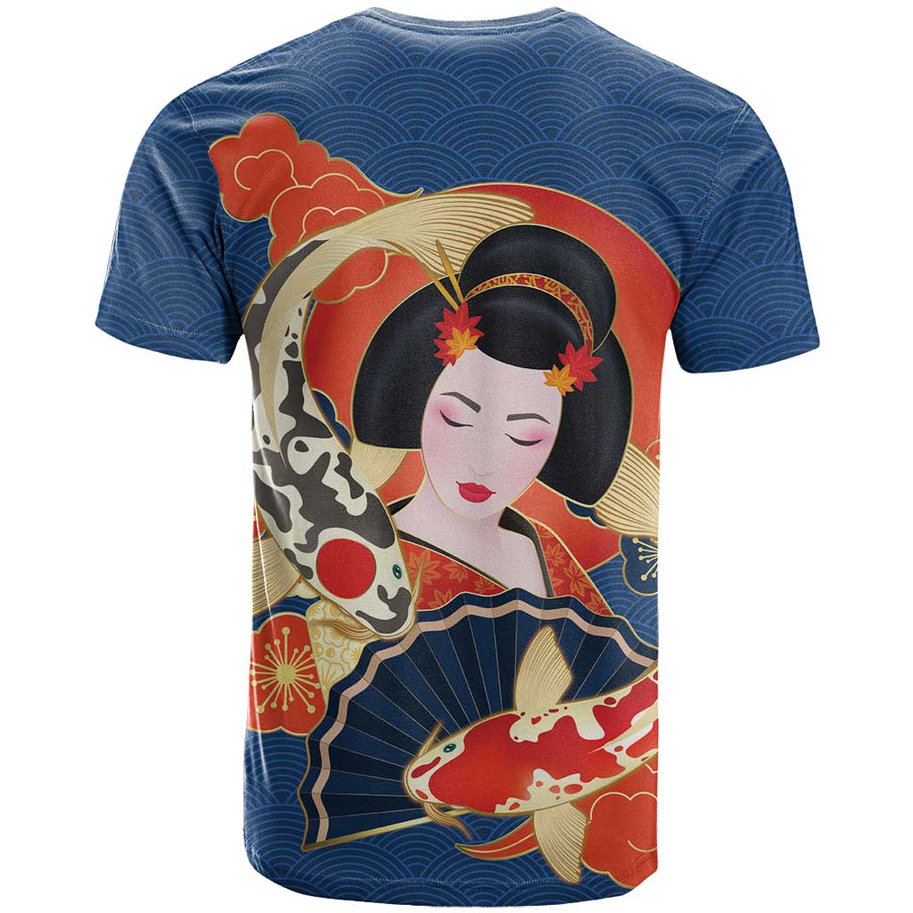 Japanese Geisha Koi Fish T-Shirt Cherry Blossoms Blue Seigaiha Pattern Graphic Tee
