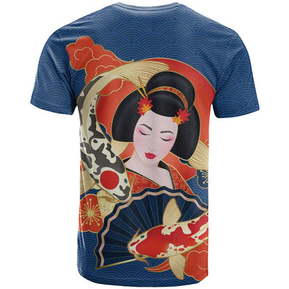 Japanese Geisha Koi Fish T-Shirt Cherry Blossoms Blue Seigaiha Pattern Graphic Tee
