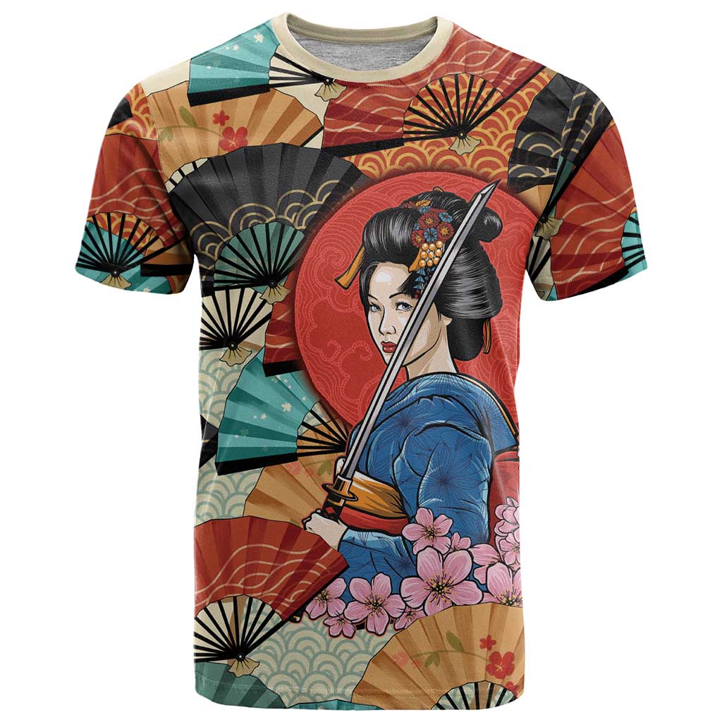 Japanese Geisha Katana T-Shirt Japan Sensu Seigaiha Pattern Graphic Tee