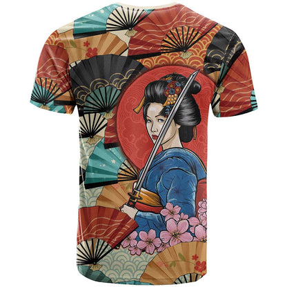Japanese Geisha Katana T-Shirt Japan Sensu Seigaiha Pattern Graphic Tee