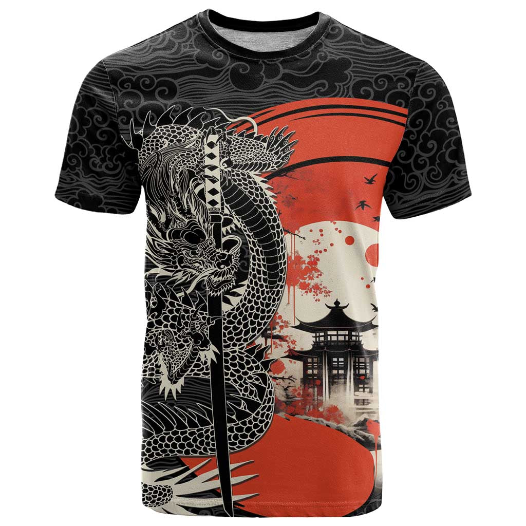 Japanese Dragon Katana Enso T-Shirt Japan Pagoda Seamless Cloud Graphic Tee