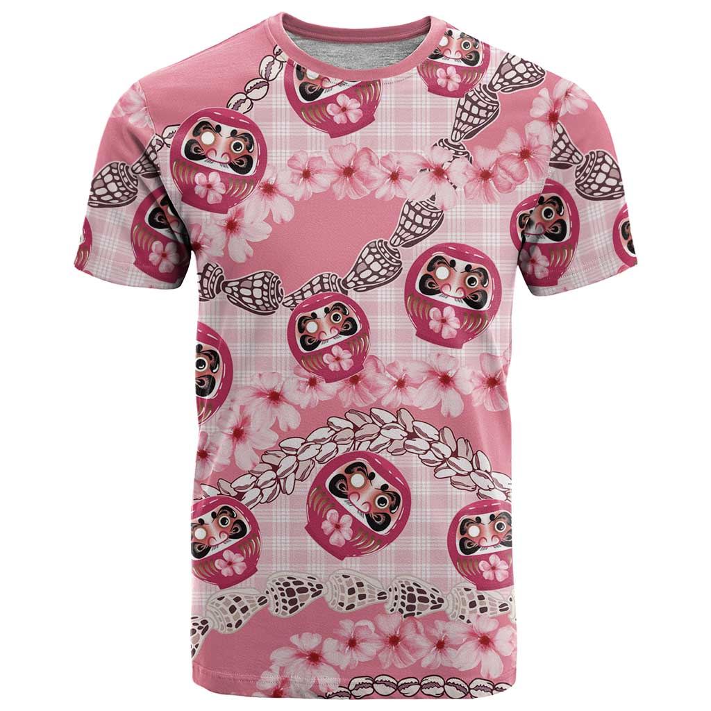 Japanese Daruma Doll Palaka T-Shirt Cherry Blossoms With Shell Lei Graphic Tee
