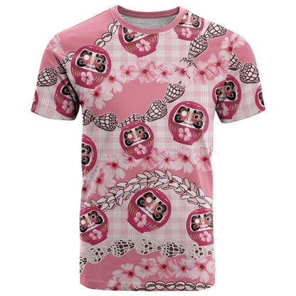 Japanese Daruma Doll Palaka T-Shirt Cherry Blossoms With Shell Lei Graphic Tee